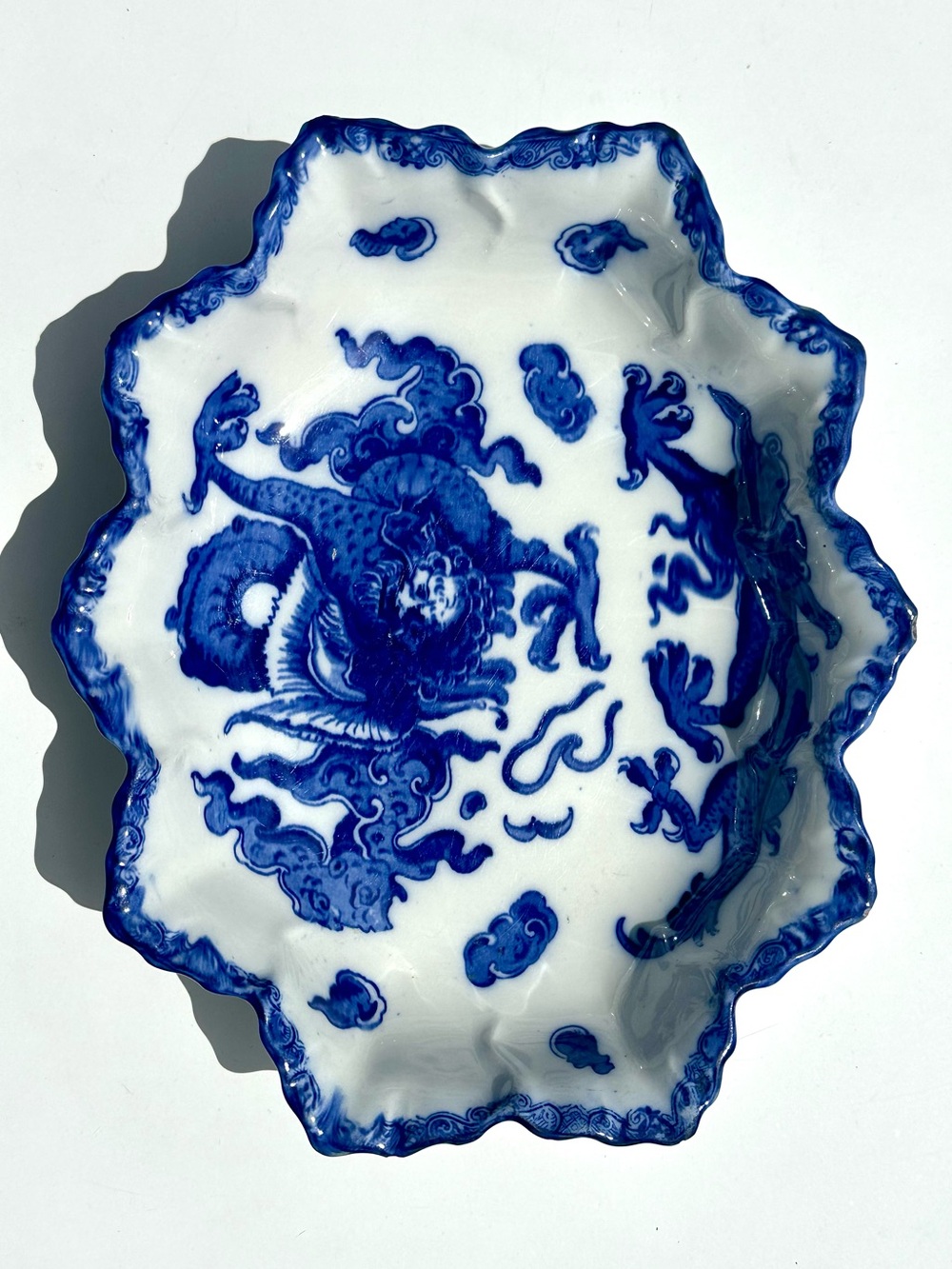 Antique Royal Doulton Oyama Dragon Pattern Blue Scalloped Porcelain Serving Dish